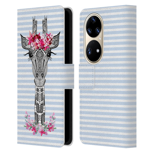 Monika Strigel Flower Giraffe And Stripes Blue Leather Book Wallet Case Cover For Huawei P50 Pro