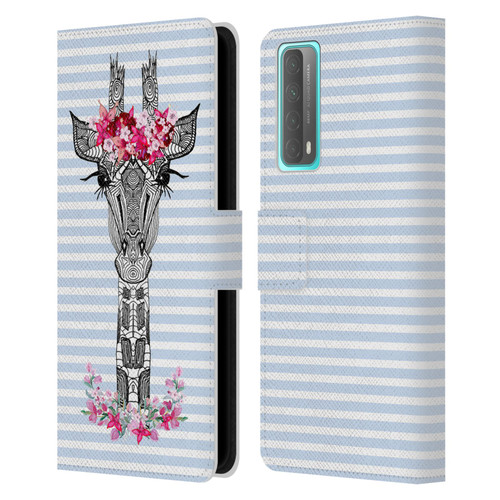 Monika Strigel Flower Giraffe And Stripes Blue Leather Book Wallet Case Cover For Huawei P Smart (2021)