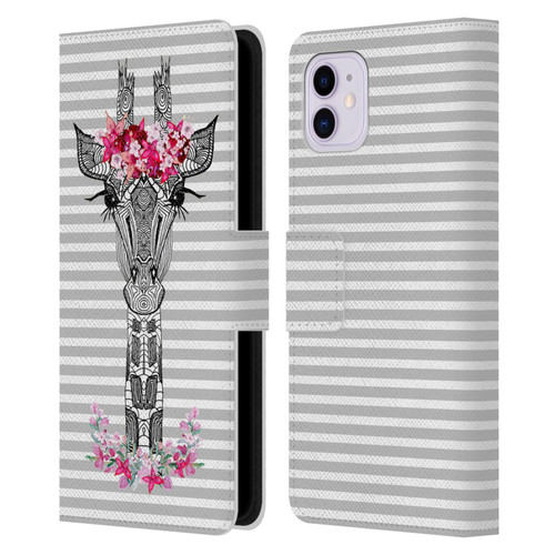 Monika Strigel Flower Giraffe And Stripes Grey Leather Book Wallet Case Cover For Apple iPhone 11