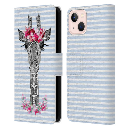 Monika Strigel Flower Giraffe And Stripes Blue Leather Book Wallet Case Cover For Apple iPhone 13