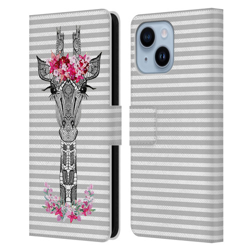 Monika Strigel Flower Giraffe And Stripes Grey Leather Book Wallet Case Cover For Apple iPhone 14 Plus