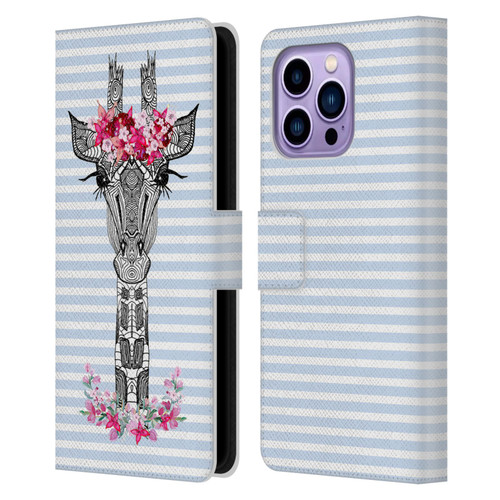 Monika Strigel Flower Giraffe And Stripes Blue Leather Book Wallet Case Cover For Apple iPhone 14 Pro Max