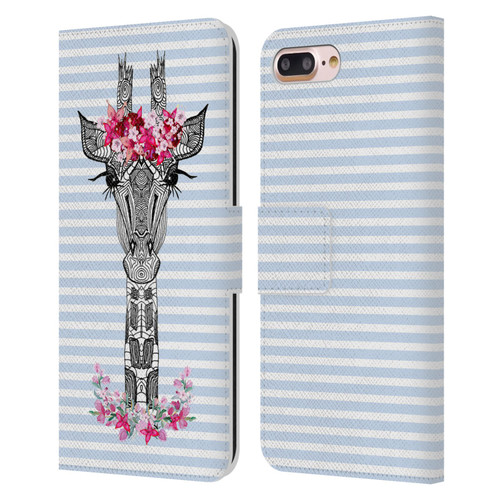 Monika Strigel Flower Giraffe And Stripes Blue Leather Book Wallet Case Cover For Apple iPhone 7 Plus / iPhone 8 Plus