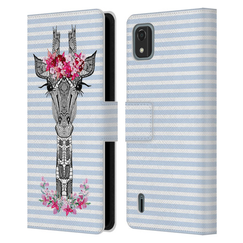 Monika Strigel Flower Giraffe And Stripes Blue Leather Book Wallet Case Cover For Nokia C2 2nd Edition