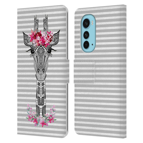 Monika Strigel Flower Giraffe And Stripes Grey Leather Book Wallet Case Cover For Motorola Edge (2022)
