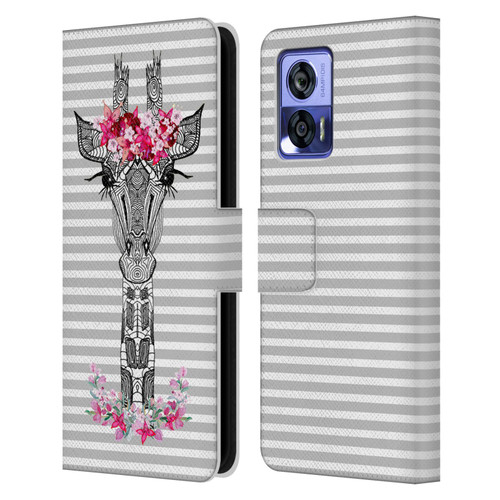 Monika Strigel Flower Giraffe And Stripes Grey Leather Book Wallet Case Cover For Motorola Edge 30 Neo 5G