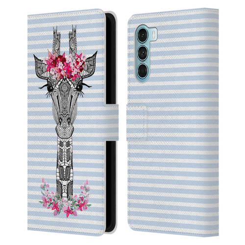 Monika Strigel Flower Giraffe And Stripes Blue Leather Book Wallet Case Cover For Motorola Edge S30 / Moto G200 5G