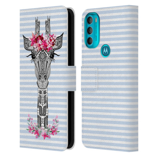 Monika Strigel Flower Giraffe And Stripes Blue Leather Book Wallet Case Cover For Motorola Moto G71 5G