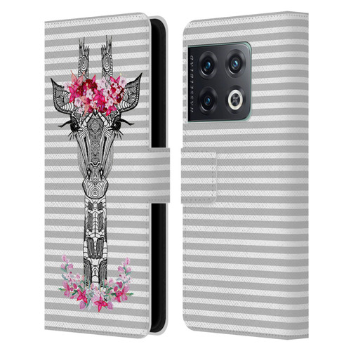 Monika Strigel Flower Giraffe And Stripes Grey Leather Book Wallet Case Cover For OnePlus 10 Pro