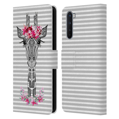 Monika Strigel Flower Giraffe And Stripes Grey Leather Book Wallet Case Cover For OnePlus Nord 5G