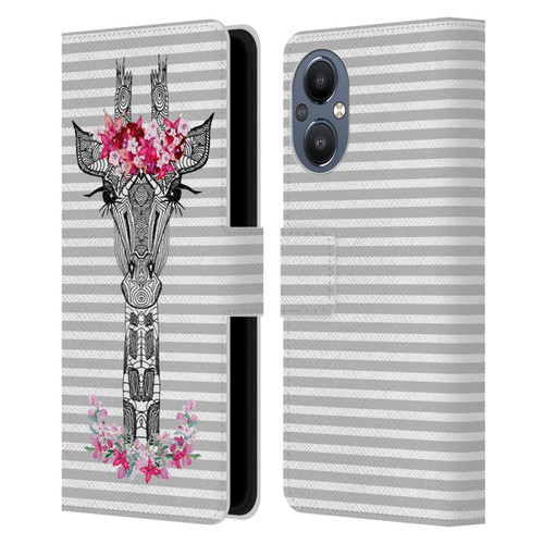 Monika Strigel Flower Giraffe And Stripes Grey Leather Book Wallet Case Cover For OnePlus Nord N20 5G
