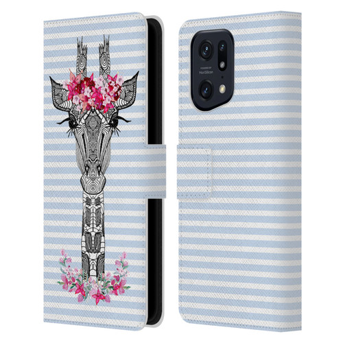 Monika Strigel Flower Giraffe And Stripes Blue Leather Book Wallet Case Cover For OPPO Find X5 Pro