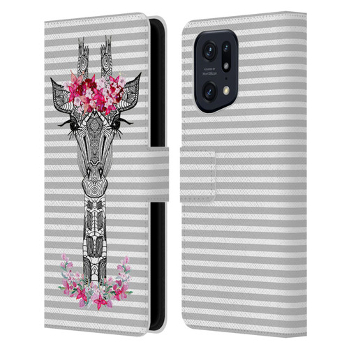 Monika Strigel Flower Giraffe And Stripes Grey Leather Book Wallet Case Cover For OPPO Find X5 Pro