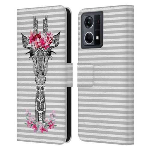 Monika Strigel Flower Giraffe And Stripes Grey Leather Book Wallet Case Cover For OPPO Reno8 4G