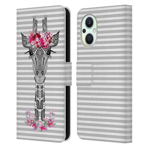 Monika Strigel Flower Giraffe And Stripes Grey Leather Book Wallet Case Cover For OPPO Reno8 Lite
