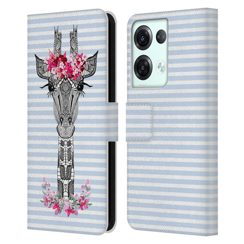 Monika Strigel Flower Giraffe And Stripes Blue Leather Book Wallet Case Cover For OPPO Reno8 Pro