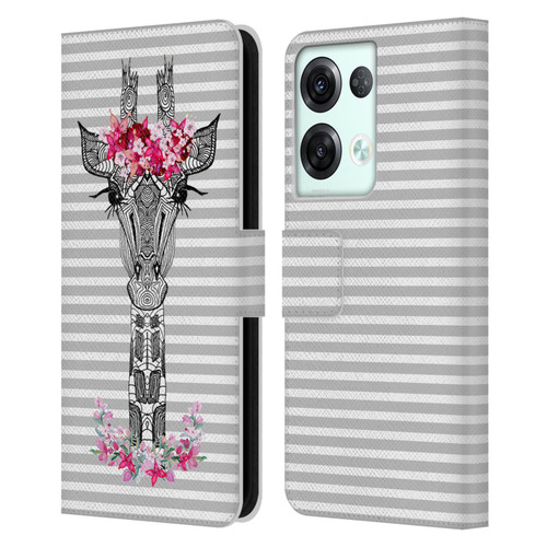 Monika Strigel Flower Giraffe And Stripes Grey Leather Book Wallet Case Cover For OPPO Reno8 Pro