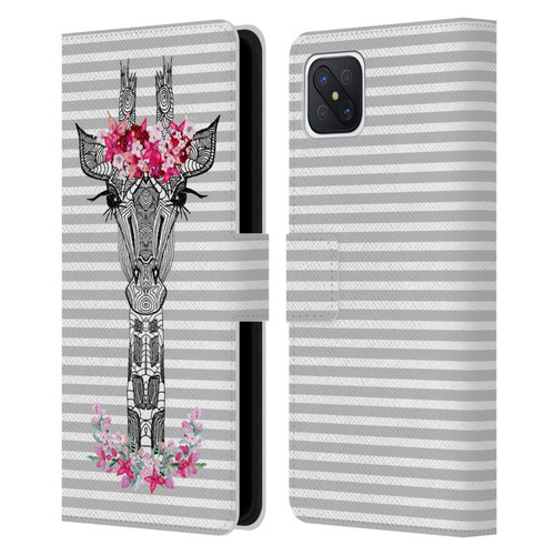Monika Strigel Flower Giraffe And Stripes Grey Leather Book Wallet Case Cover For OPPO Reno4 Z 5G