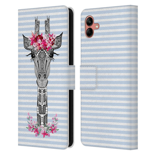 Monika Strigel Flower Giraffe And Stripes Blue Leather Book Wallet Case Cover For Samsung Galaxy A04 (2022)