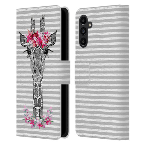 Monika Strigel Flower Giraffe And Stripes Grey Leather Book Wallet Case Cover For Samsung Galaxy A13 5G (2021)