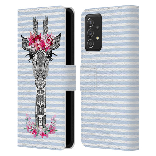 Monika Strigel Flower Giraffe And Stripes Blue Leather Book Wallet Case Cover For Samsung Galaxy A52 / A52s / 5G (2021)