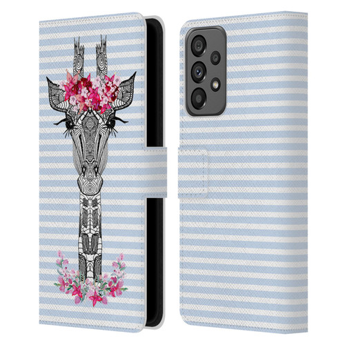 Monika Strigel Flower Giraffe And Stripes Blue Leather Book Wallet Case Cover For Samsung Galaxy A73 5G (2022)