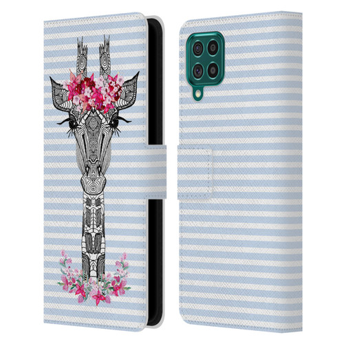 Monika Strigel Flower Giraffe And Stripes Blue Leather Book Wallet Case Cover For Samsung Galaxy F62 (2021)