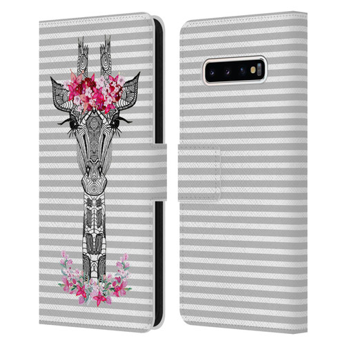 Monika Strigel Flower Giraffe And Stripes Grey Leather Book Wallet Case Cover For Samsung Galaxy S10+ / S10 Plus