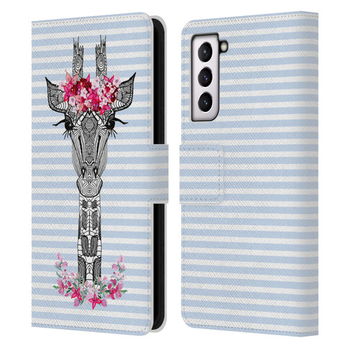 Monika Strigel Flower Giraffe And Stripes Blue Leather Book Wallet Case Cover For Samsung Galaxy S21 5G