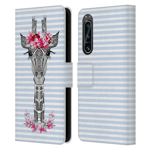 Monika Strigel Flower Giraffe And Stripes Blue Leather Book Wallet Case Cover For Sony Xperia 5 IV