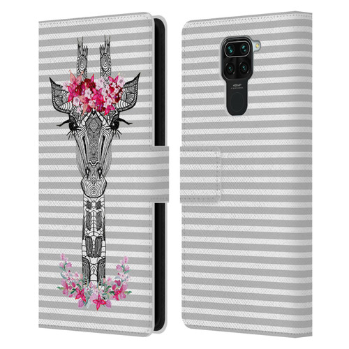 Monika Strigel Flower Giraffe And Stripes Grey Leather Book Wallet Case Cover For Xiaomi Redmi Note 9 / Redmi 10X 4G