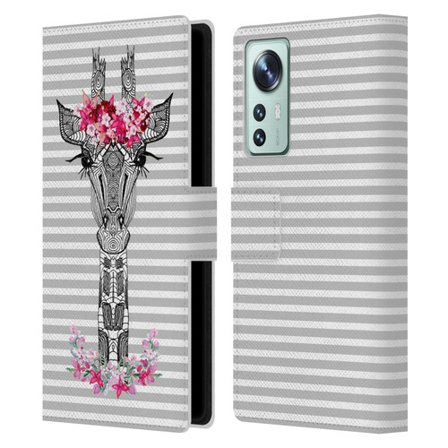 Monika Strigel Flower Giraffe And Stripes Grey Leather Book Wallet Case Cover For Xiaomi 12