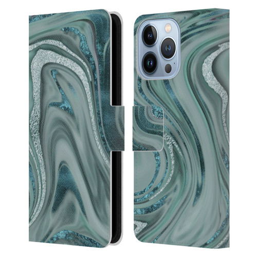 LebensArt Geo Liquid Marble Sea Foam Green Leather Book Wallet Case Cover For Apple iPhone 13 Pro