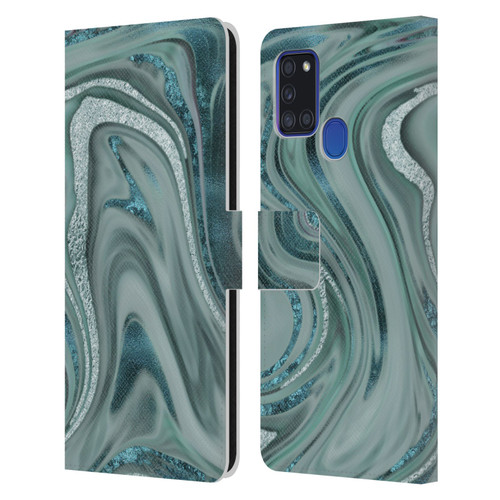 LebensArt Geo Liquid Marble Sea Foam Green Leather Book Wallet Case Cover For Samsung Galaxy A21s (2020)