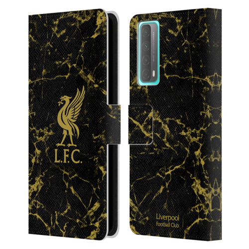 Liverpool Football Club Crest & Liverbird Patterns 1 Black & Gold Marble Leather Book Wallet Case Cover For Huawei P Smart (2021)