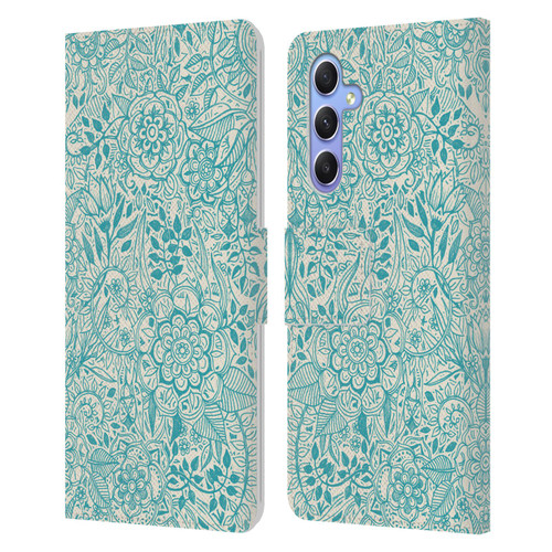 Micklyn Le Feuvre Floral Patterns Teal And Cream Leather Book Wallet Case Cover For Samsung Galaxy A34 5G