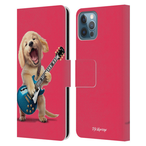 P.D. Moreno Furry Fun Artwork Golden Retriever Playing Guitar Leather Book Wallet Case Cover For Apple iPhone 12 / iPhone 12 Pro