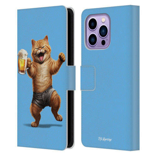 P.D. Moreno Furry Fun Artwork Cat Beer Leather Book Wallet Case Cover For Apple iPhone 14 Pro Max