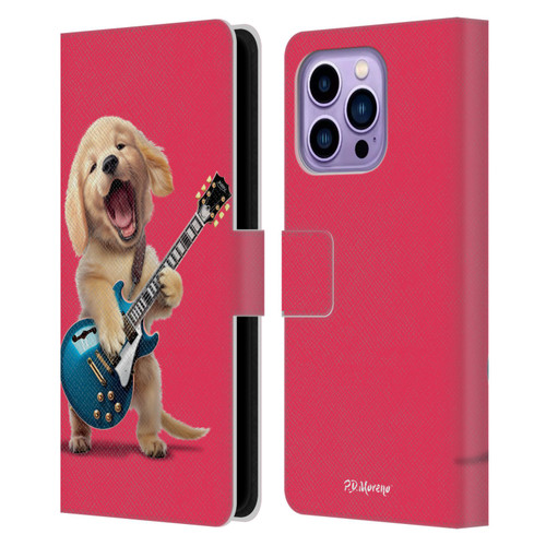 P.D. Moreno Furry Fun Artwork Golden Retriever Playing Guitar Leather Book Wallet Case Cover For Apple iPhone 14 Pro Max