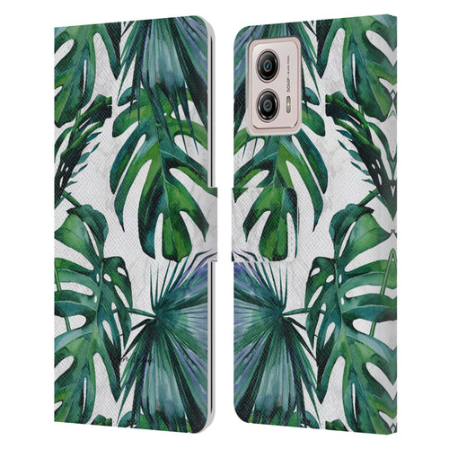 Nature Magick Tropical Palm Leaves On Marble Green Tropics Leather Book Wallet Case Cover For Motorola Moto G53 5G