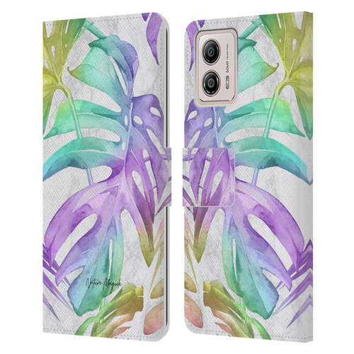 Nature Magick Tropical Palm Leaves On Marble Rainbow Leaf Leather Book Wallet Case Cover For Motorola Moto G53 5G