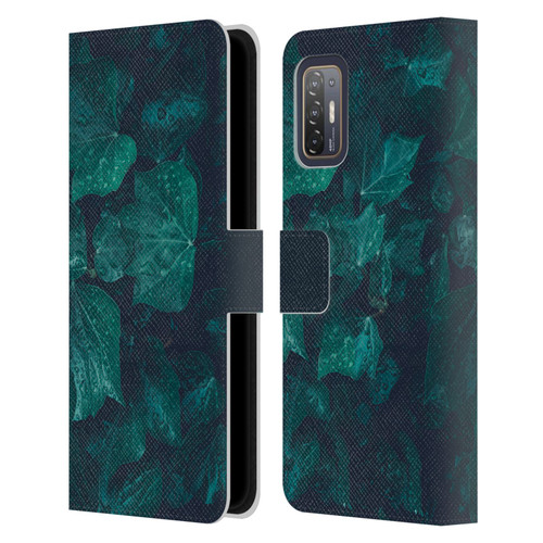 PLdesign Flowers And Leaves Dark Emerald Green Ivy Leather Book Wallet Case Cover For HTC Desire 21 Pro 5G