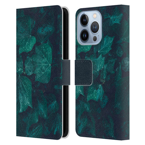 PLdesign Flowers And Leaves Dark Emerald Green Ivy Leather Book Wallet Case Cover For Apple iPhone 13 Pro