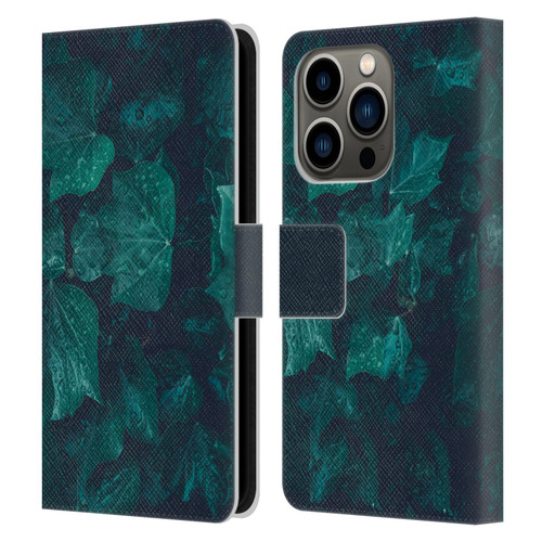 PLdesign Flowers And Leaves Dark Emerald Green Ivy Leather Book Wallet Case Cover For Apple iPhone 14 Pro