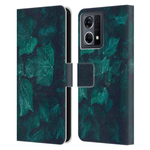 PLdesign Flowers And Leaves Dark Emerald Green Ivy Leather Book Wallet Case Cover For OPPO Reno8 4G