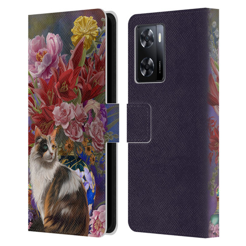 Nene Thomas Art Cat With Bouquet Of Flowers Leather Book Wallet Case Cover For OPPO A57s