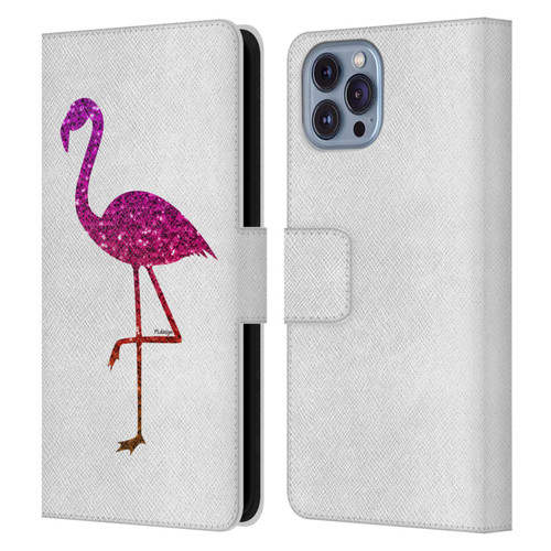 PLdesign Sparkly Flamingo Orange Pink Leather Book Wallet Case Cover For Apple iPhone 14