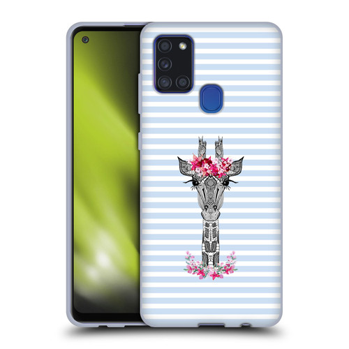 Monika Strigel Flower Giraffe And Stripes Blue Soft Gel Case for Samsung Galaxy A21s (2020)