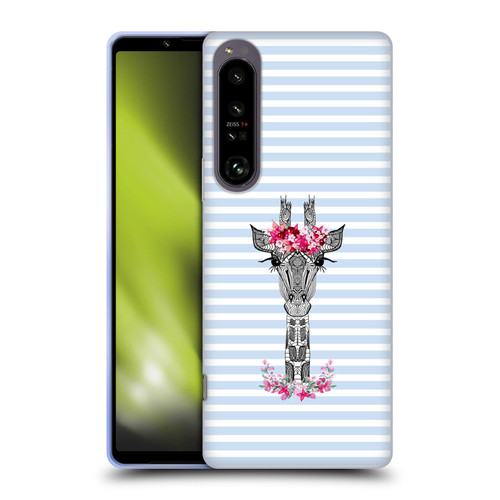 Monika Strigel Flower Giraffe And Stripes Blue Soft Gel Case for Sony Xperia 1 IV