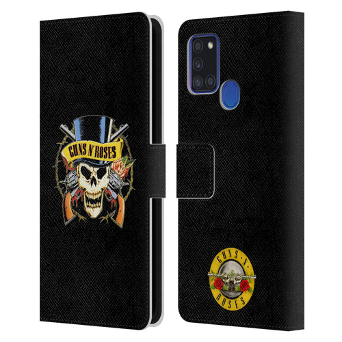 Guns N' Roses Key Art Top Hat Skull Leather Book Wallet Case Cover For Samsung Galaxy A21s (2020)